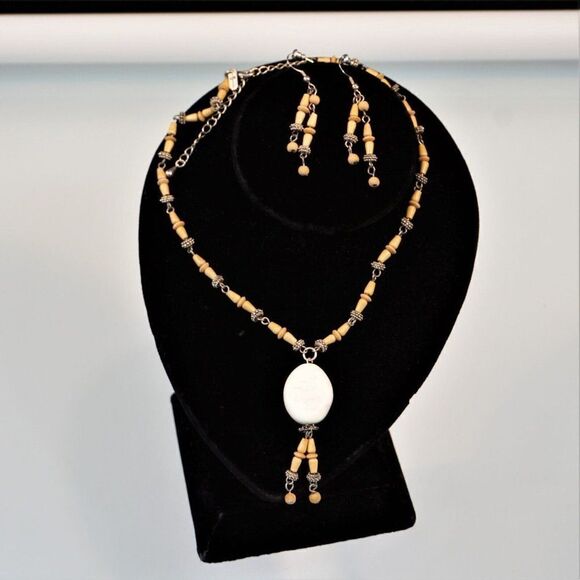 Boho Festival Necklace Earring Set Wood Silver Beads Christina Collection - Picture 4 of 10